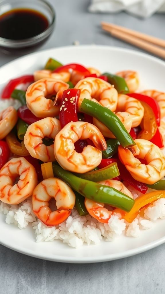 Colorful shrimp stir-fry with bell peppers over rice, garnished with sesame seeds.